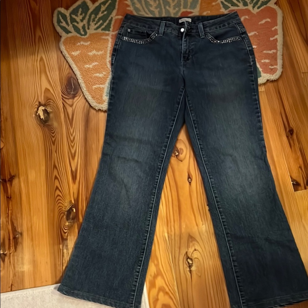Madison Dark Blue  Flare Wide Leg Jeans rhinestone trim pockets